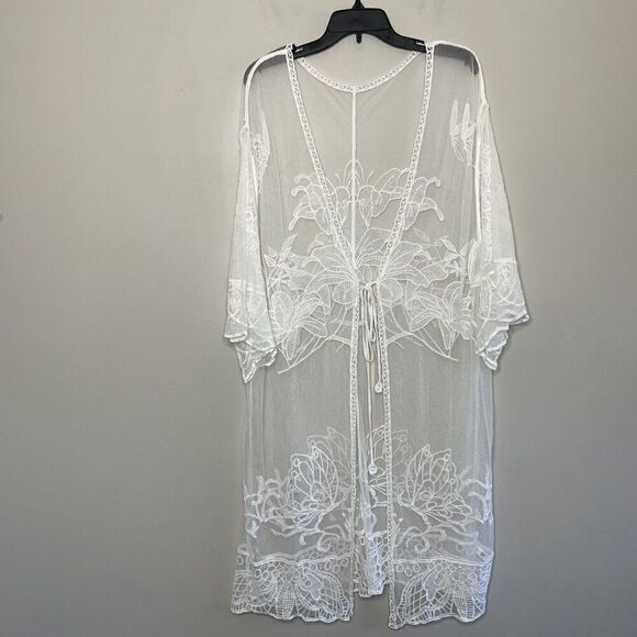 CUPSHE Cover-Up Womens O/S Ivory Sheer Embroidered Lace Tie-Front Wide Sleeves - Picture 1 of 11